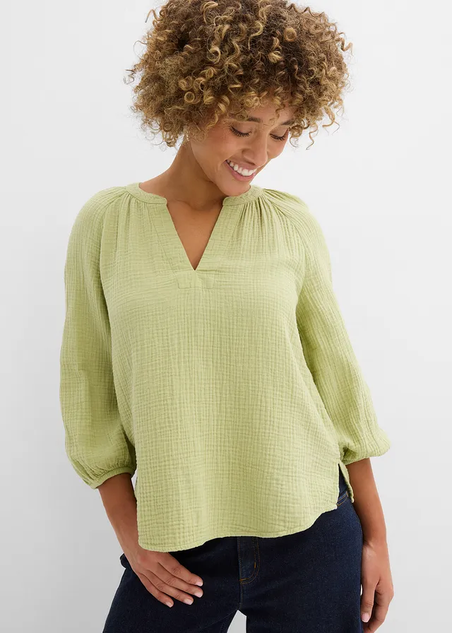 Blouse oversize en gaze de coton, Couleur: vert minéral