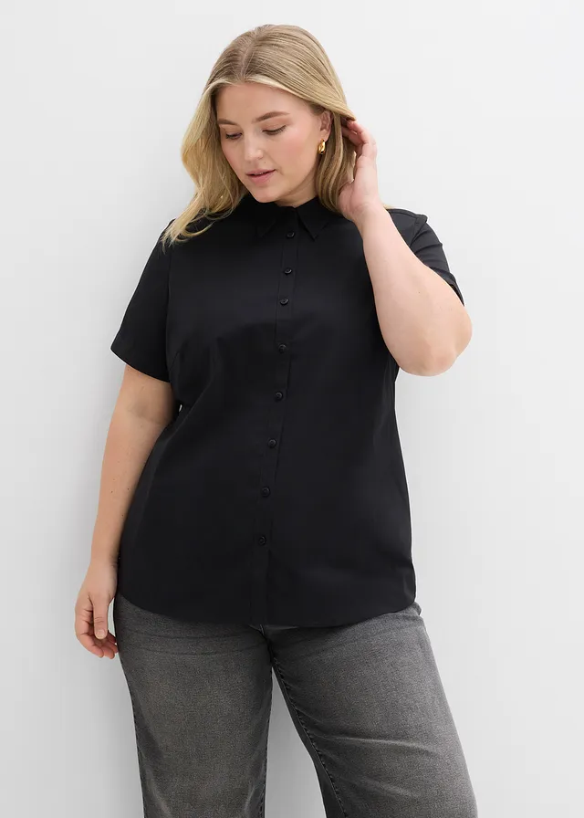 Chemisier manches courtes cintré et extensible en coton majoritaire, Couleur: noir