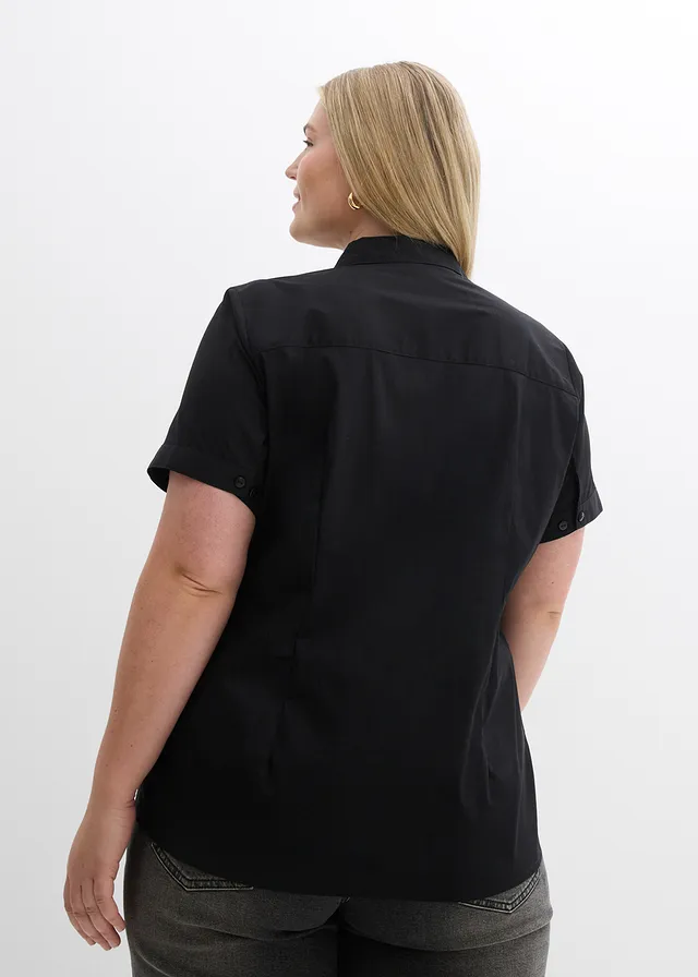 Chemisier manches courtes cintré et extensible en coton majoritaire, Couleur: noir