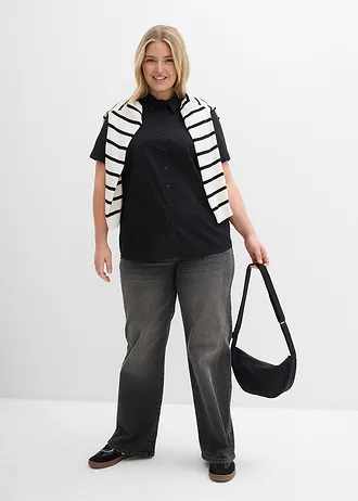 Chemisier manches courtes extensible en coton majoritaire, Couleur: noir