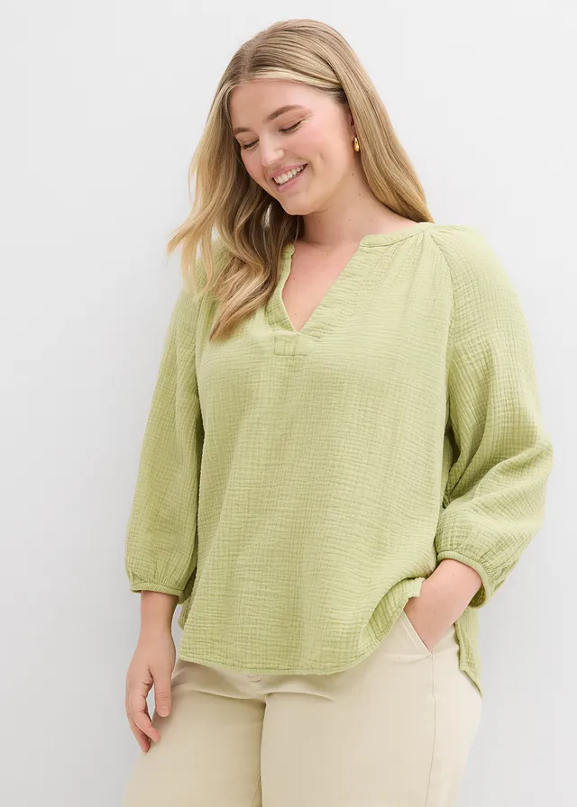 Blouse oversize en gaze de coton, Couleur: vert minéral