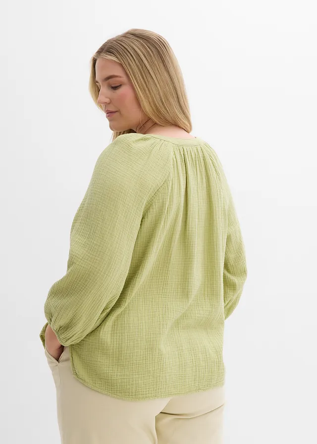 Oversized blouse van mousseline, Kleur: mineraalgroen
