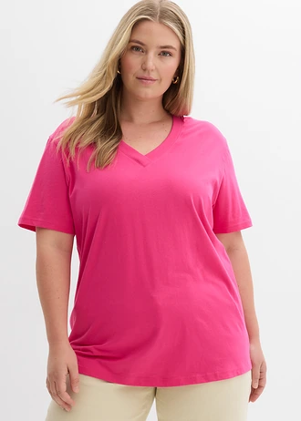 Wijd longshirt met V-hals, korte mouw  (set van 5), Kleur: edelsteengroen/wit/grijs gemêleerd/pinklady/saffraangeel