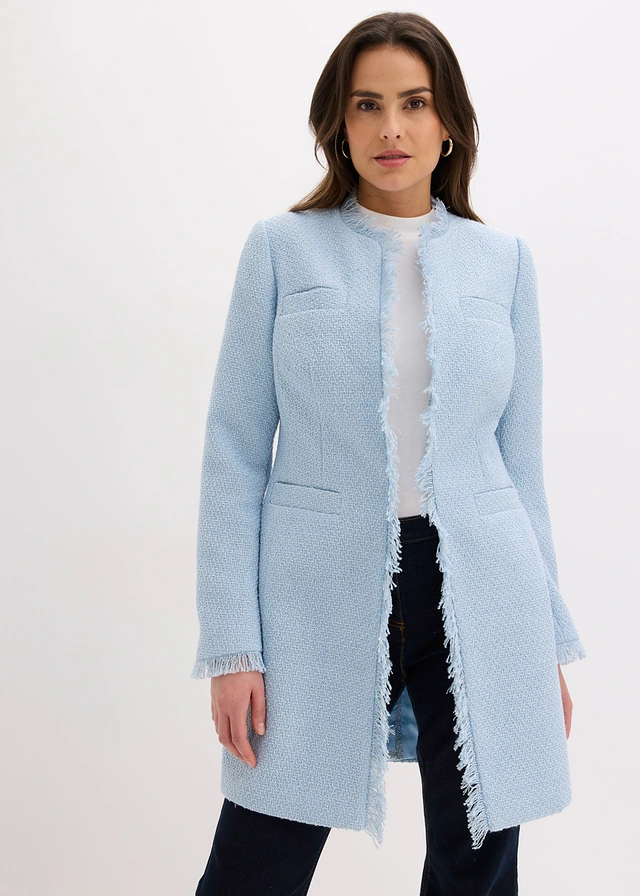 Lange bouclé blazer, Kleur: poederblauw