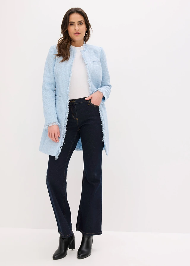 Lange bouclé blazer, Kleur: poederblauw