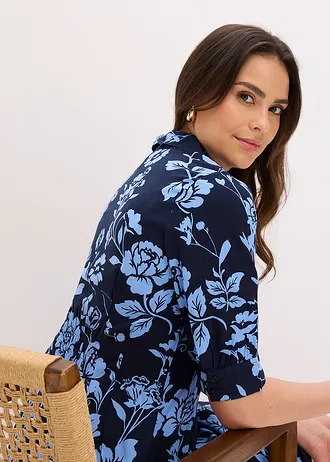 Rochie cu guler de cămașă, din viscoză vaporoasă • bleumarin/albastru mediu înflorat • magazin bonprix