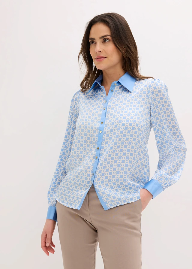 Satijnen blouse, Kleur: middenblauw/natuurbeige grafische print