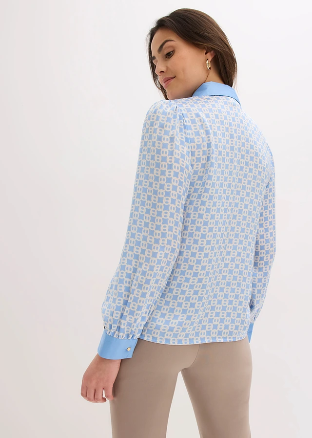 Satijnen blouse, Kleur: middenblauw/natuurbeige grafische print