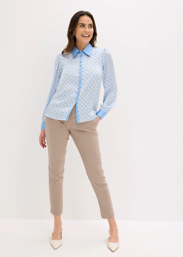 Satijnen blouse, Kleur: middenblauw/natuurbeige grafische print