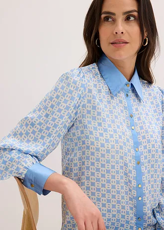 Satijnen blouse • middenblauw/natuurbeige grafische print • bonprix online shop