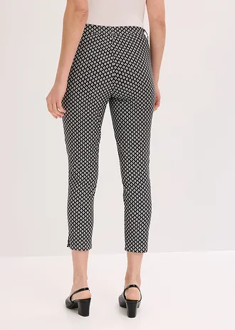 Strečové 7/8 kalhoty z bengalínu, barva: černo-přírodní bílá s grafickým potiskem