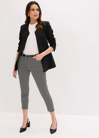 Pantaloni 7/8 din bengalină cu stretch • negru-ecru, cu imprimeu grafic • magazin bonprix