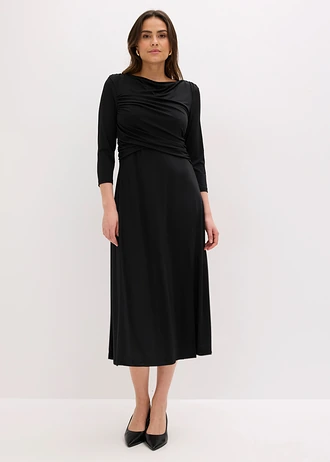 Midi jurk in wikkel-look met 3/4 mouwen, Kleur: zwart