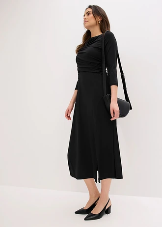 Robe midi drapée à manches 3/4, Couleur: noir