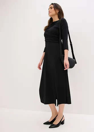Robe midi drapée à manches 3/4 • noir • Boutique bonprix