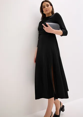 Robe midi drapée à manches 3/4 • noir • Boutique bonprix