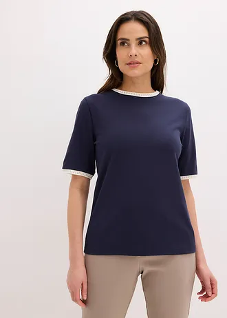 T-shirt à liserés en dentelle • bleu foncé-écru • Boutique bonprix
