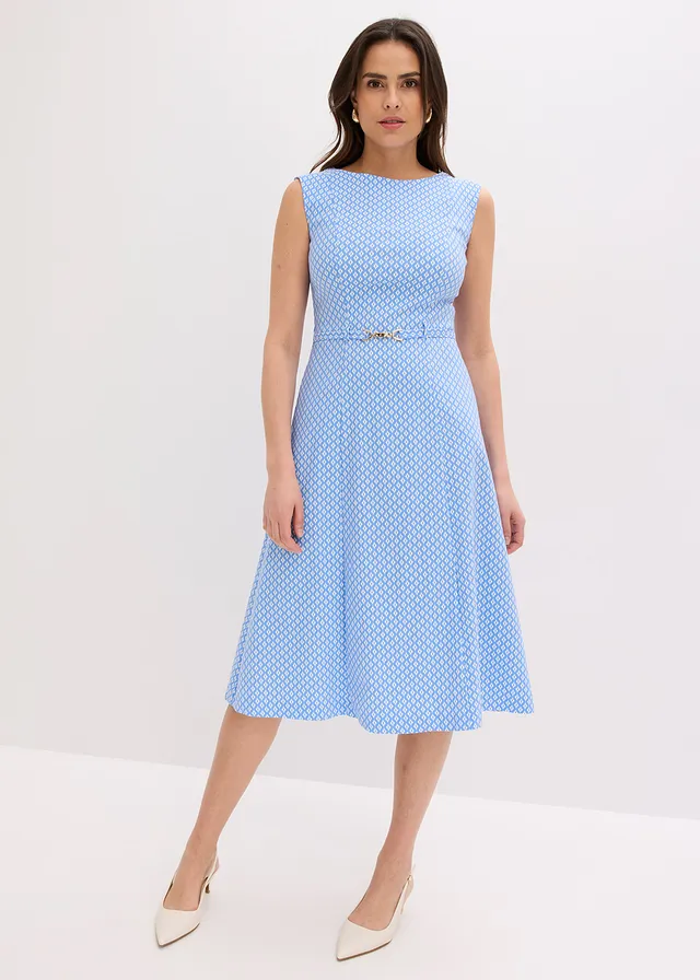 Robe en bengaline avec ceinture, Couleur: bleu moyen/blanc cassé