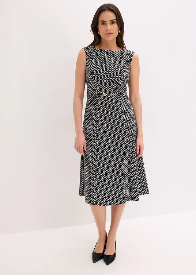 Jurk van bengaline met riem, Kleur: zwart/wolwit
