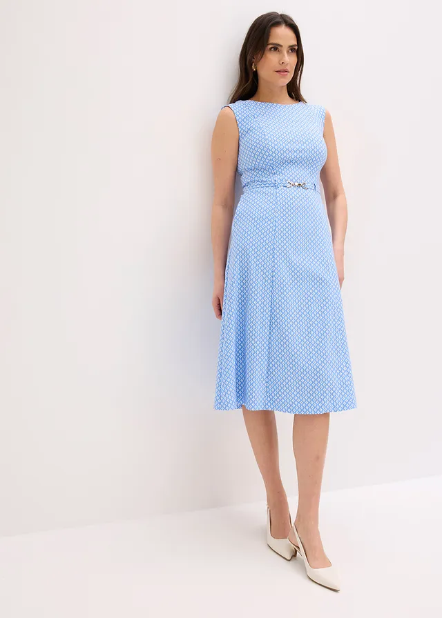 Robe en bengaline avec ceinture, Couleur: bleu moyen/blanc cassé
