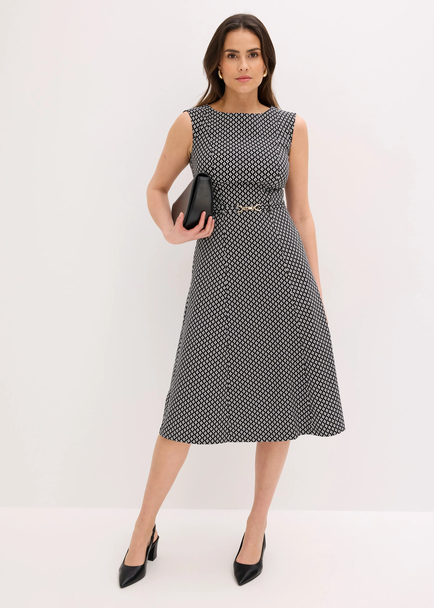 Jurk van bengaline met riem • zwart-wolwit grafische print • bonprix online shop