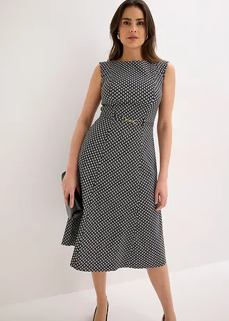Jurk van bengaline met riem (2-dlg.) • zwart-wolwit met grafische print • bonprix online shop