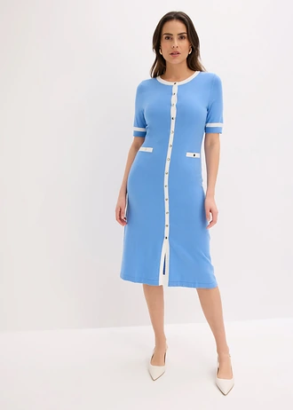 Rochie tricotată cu nasturi • albastru mediu + ecru • magazin bonprix