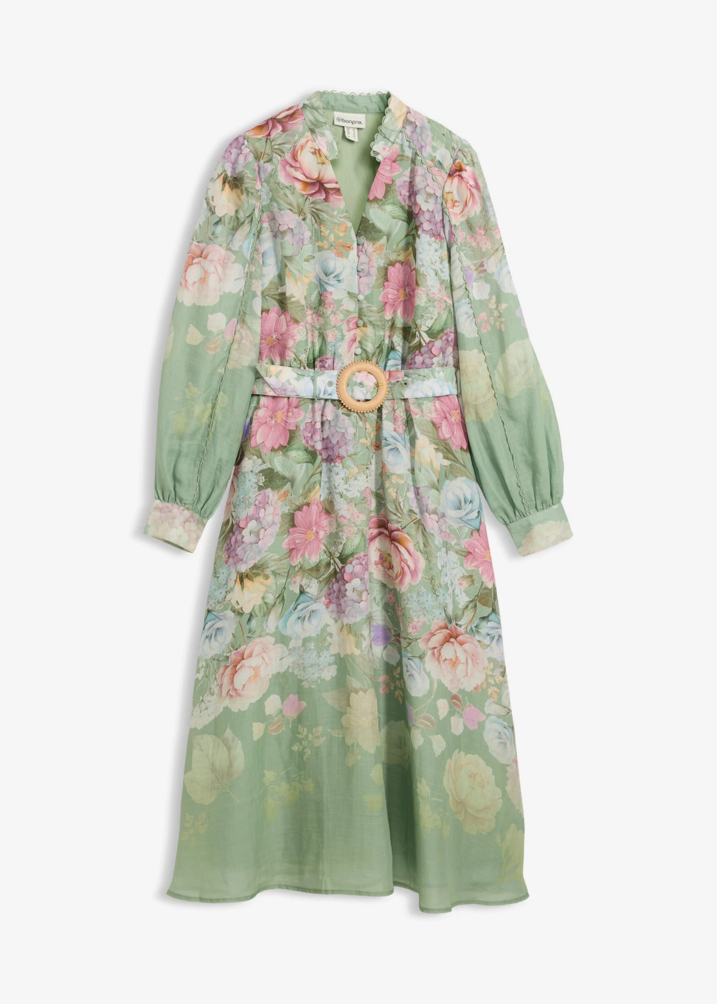 Robe midi en ramie avec ceinture (ens. 2 pces) • vert pâle floral • Boutique bonprix