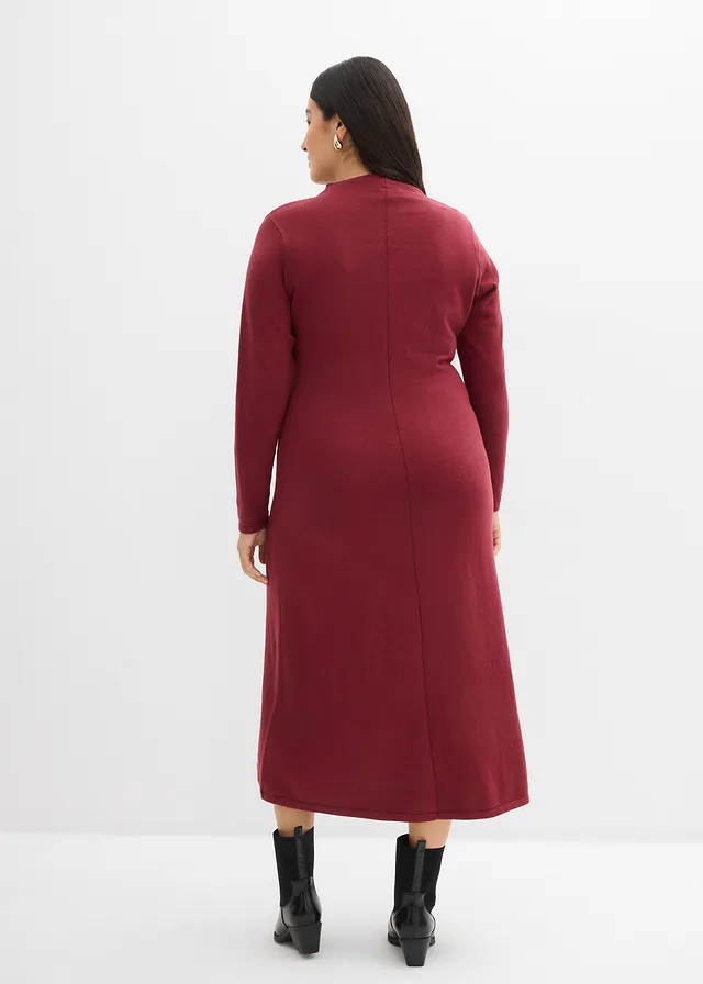 Fijngebreide maxi jurk met kasjmier, Kleur: robijnrood