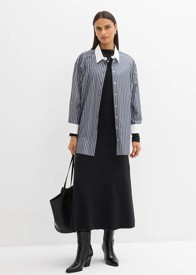 Robe longue en maille fine avec cachemire bleu foncé/blanc rayé