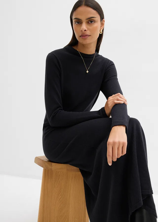 Rochie maxi din tricot fin cu cașmir în compoziție • negru • magazin bonprix
