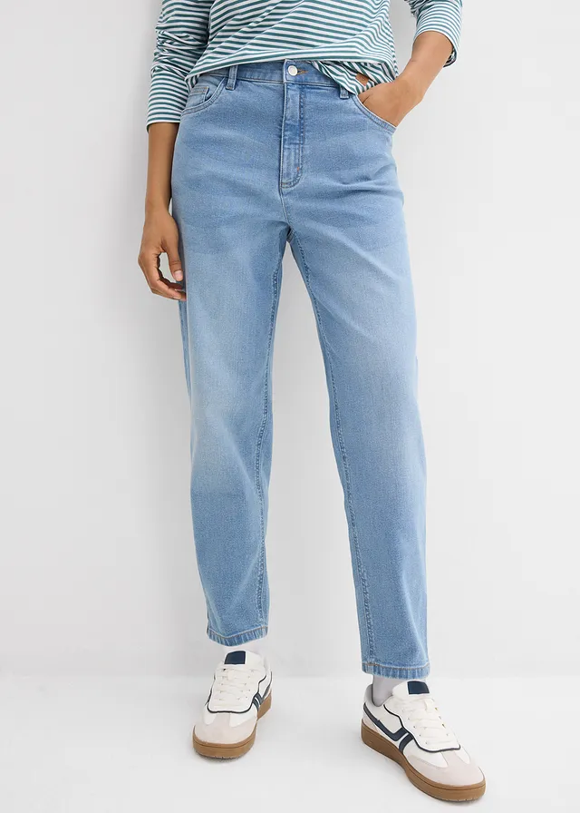 Jean mom taille haute, raccourci • bleu clair denim used • product-page.page-title-suffix