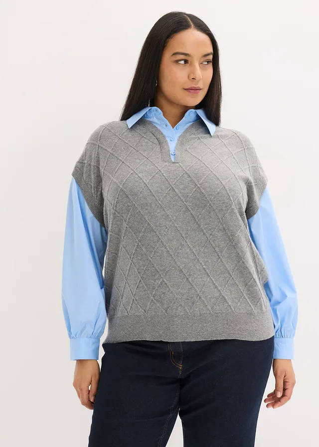 Pull sans manches à empiècement chemisier en coton, Couleur: gris chiné-bleu clair