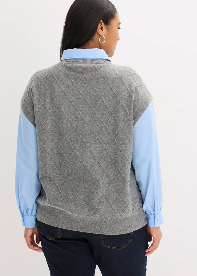 Spencer met blouse-inzetstuk en katoen, Kleur: grijs gemêleerd-lichtblauw