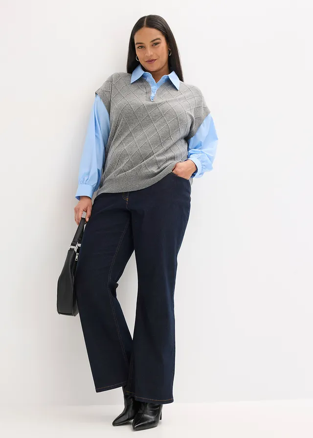 Pull sans manches à empiècement chemisier en coton, Couleur: gris chiné-bleu clair