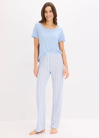 Pijama din viscoză moale • albastru-perlat/ecru dungat • magazin bonprix