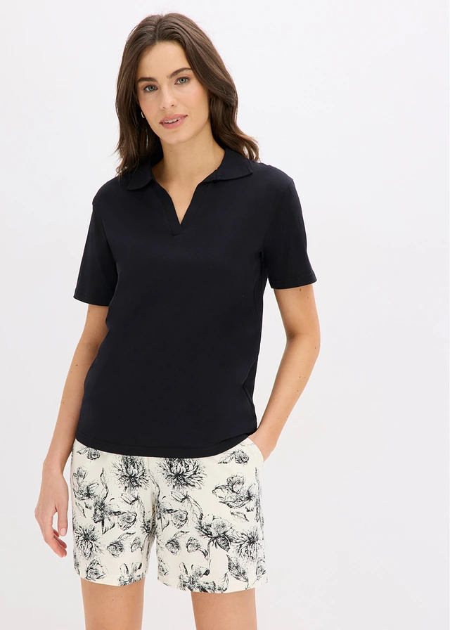 Shortama met polokraag van puur katoen, Kleur: zwart-crèmewit gebloemd