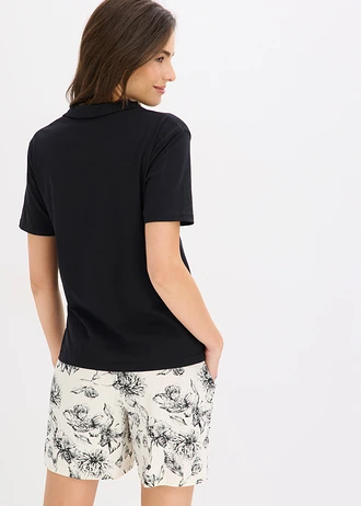 Pijama scurtă cu guler polo, 100% din bumbac • negru-alb-crem înflorat • magazin bonprix