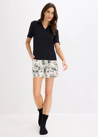 Shortama met polokraag van puur katoen, Kleur: zwart-crèmewit gebloemd