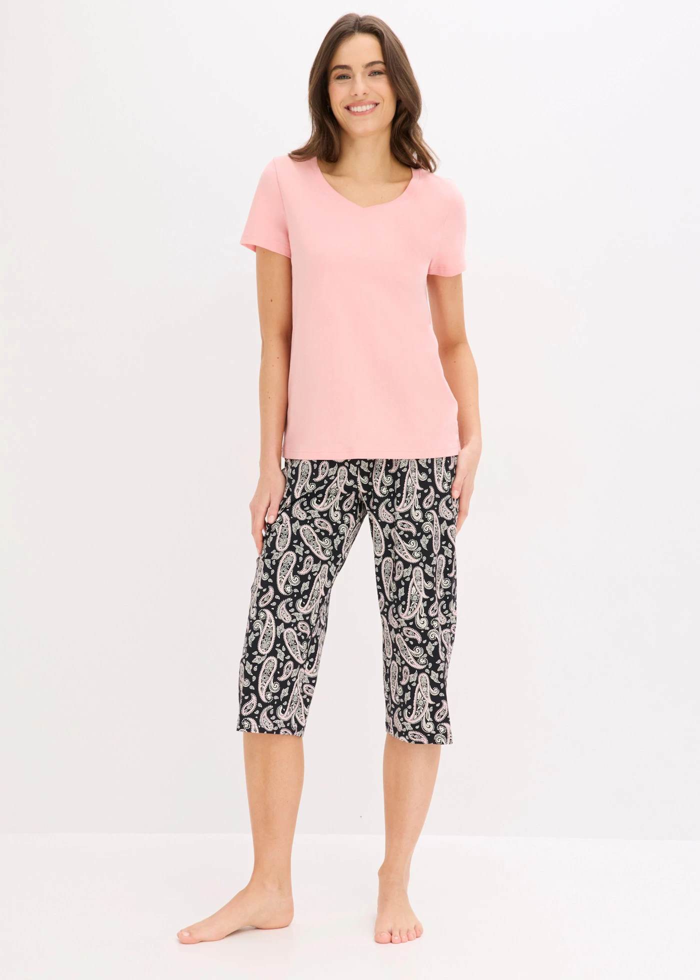Pantaloni capri de pijama din bumbac 100% (set/3 piese) • negru-roz soft paisley • magazin bonprix