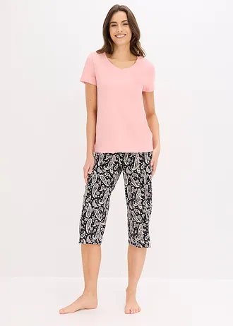 Bas et 2 hauts de pyjama 100% coton (ens. 3 pces) • noir-rose pâle paisley • Boutique bonprix