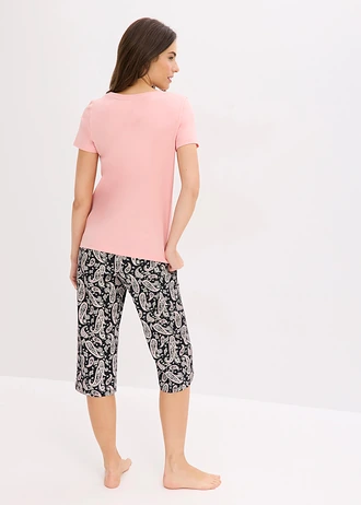 Pantaloni capri de pijama din bumbac 100% (set/3 piese) • negru-roz soft paisley • magazin bonprix