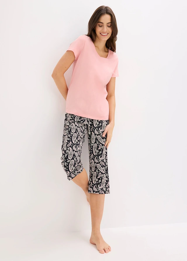 Bas et 2 hauts de pyjama 100% coton (ens. 3 pces), Couleur: noir-rose pâle paisley