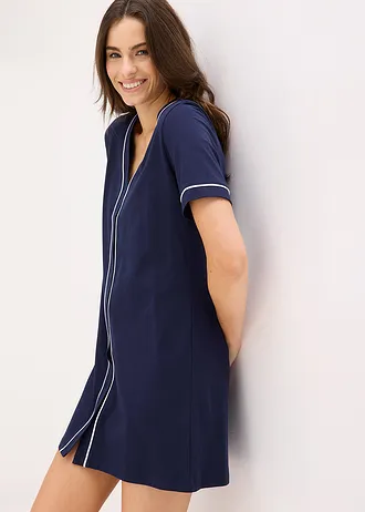 Chemise de nuit courte et boutonnée 100% coton • bleu marine-blanc • Boutique bonprix