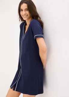 Krótka koszula nocna z czystej bawełny z listwą guzikową • niebieski morski - biały • sklep bonprix