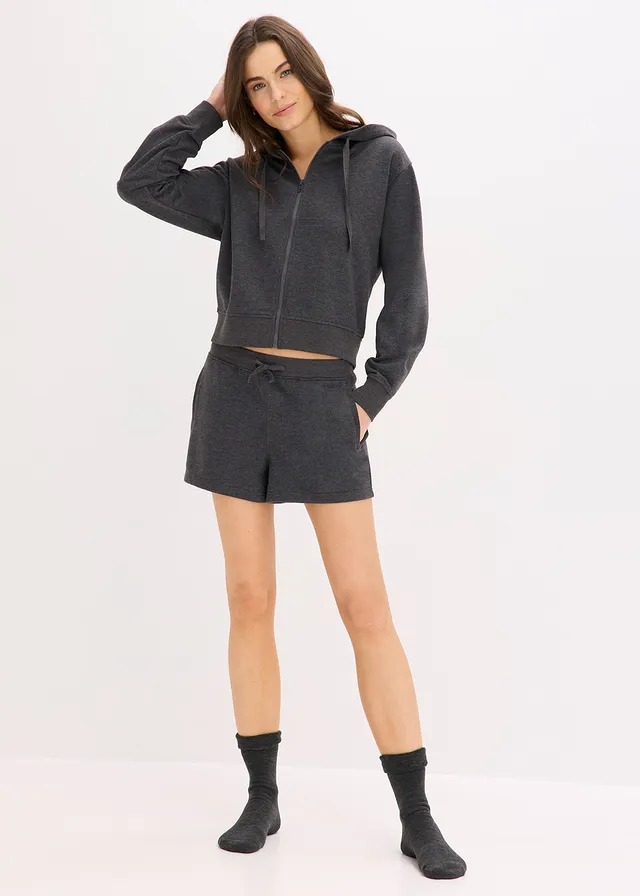 Ensemble d’intérieur en sweat avec short, Couleur: anthracite chiné