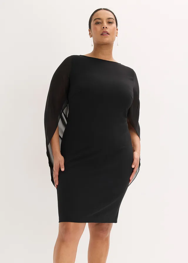 Cocktailjurk met chiffon mouwen, Kleur: zwart
