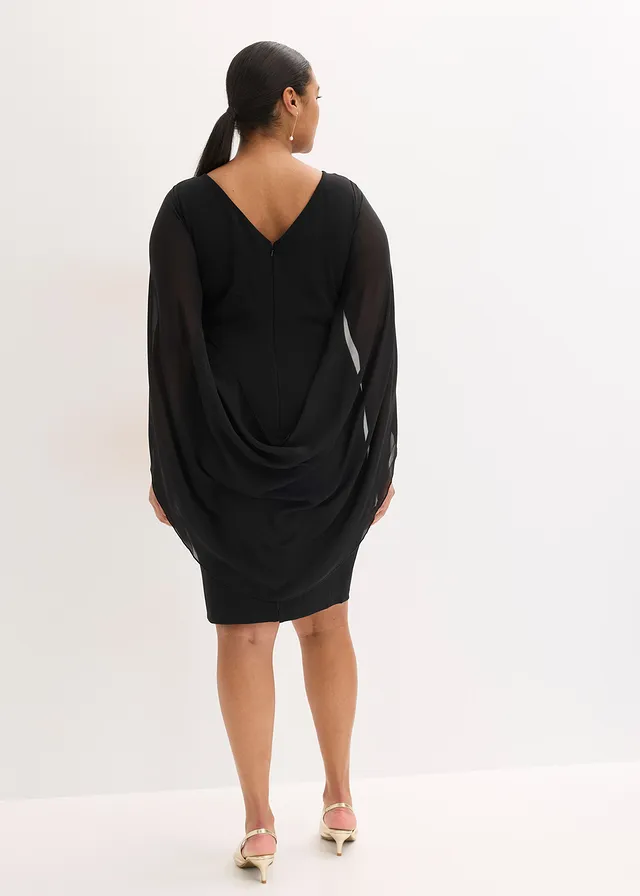 Cocktailjurk met chiffon mouwen, Kleur: zwart