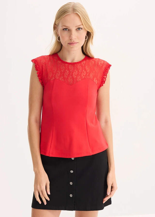 Top met kant, Kleur: aardbeirood