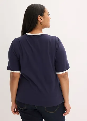 T-shirt à liserés en dentelle, Couleur: bleu foncé/écru